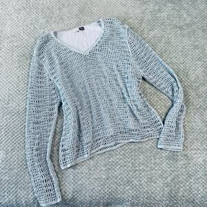 Vintage y2k light blue crochet knit vneck long sleeve coquette babydoll 600 West